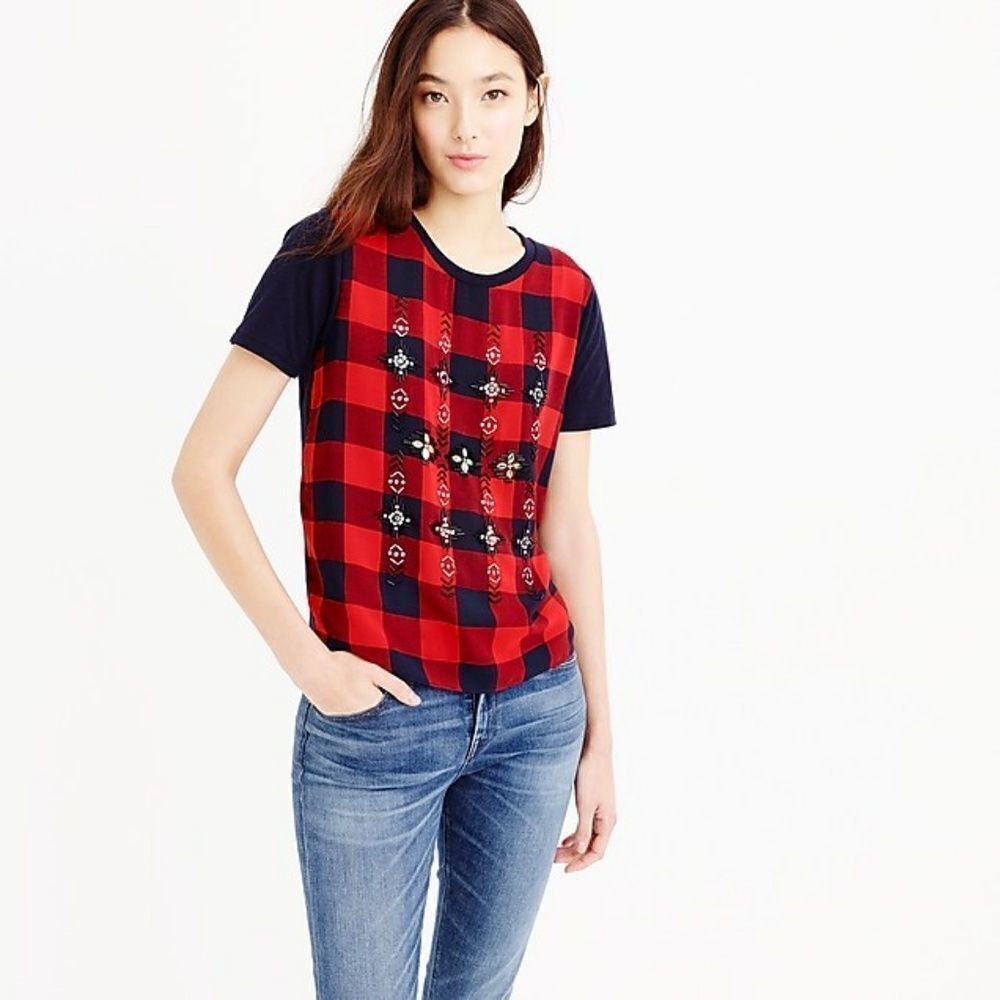 J. Crew Embellished Tartan Plaid T Shirt Small